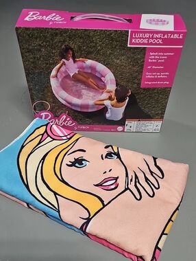 Barbie NIB Inflatable Pool 48"  With Barbie Beach Towe Summer Outdoor Kids Party